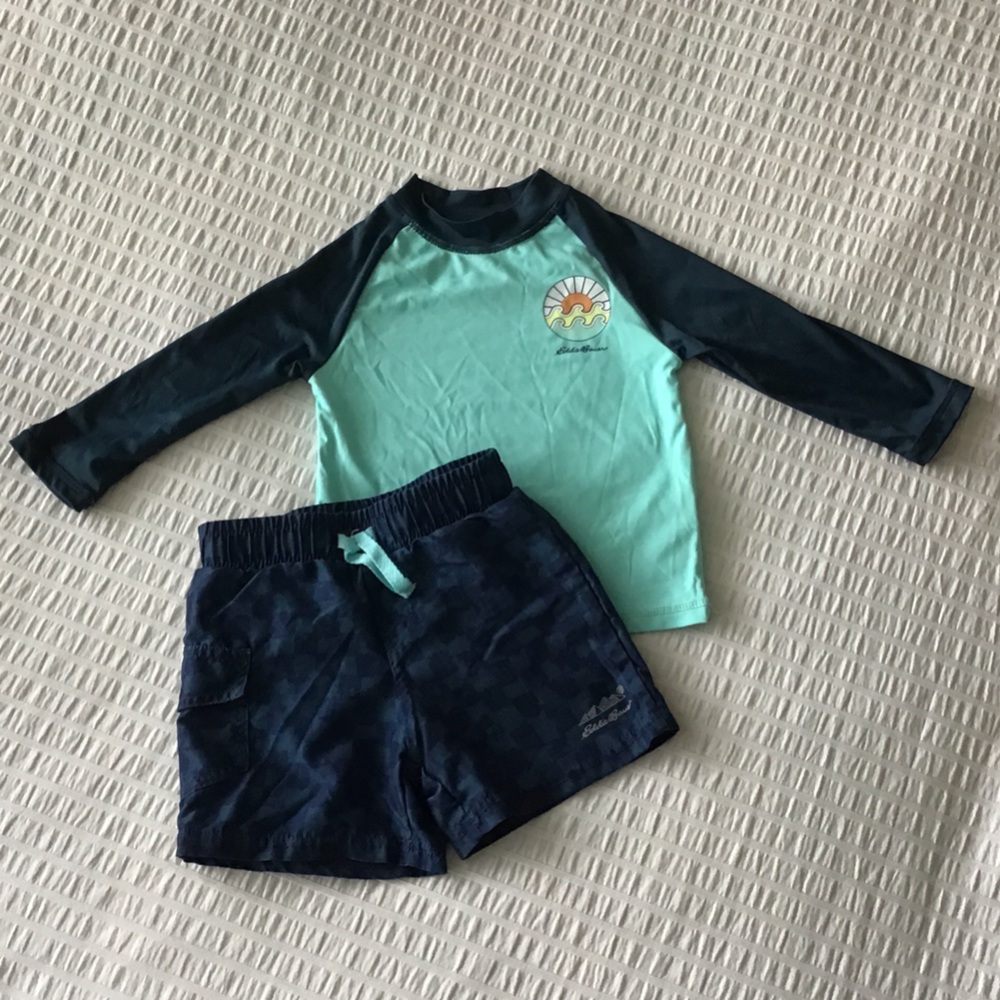 Eddie Bauer Boys Swim Trunks and Rash Guard Set, Teal and Navy, 12-18 months